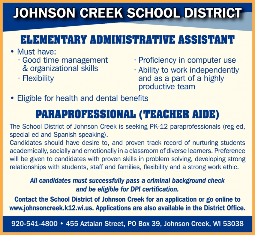 Elementary Administrative Assistant, Johnson Creek School District, Johnson  Creek, WI