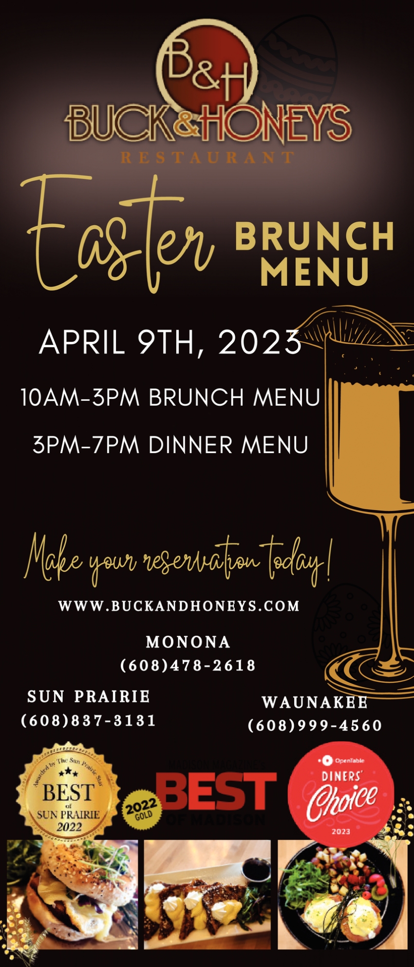 Easter Brunch Menu, Buck & Honey's Restaurant, Sun Prairie, WI