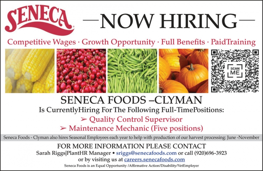Now Hiring, Seneca Foods, Janesville, WI